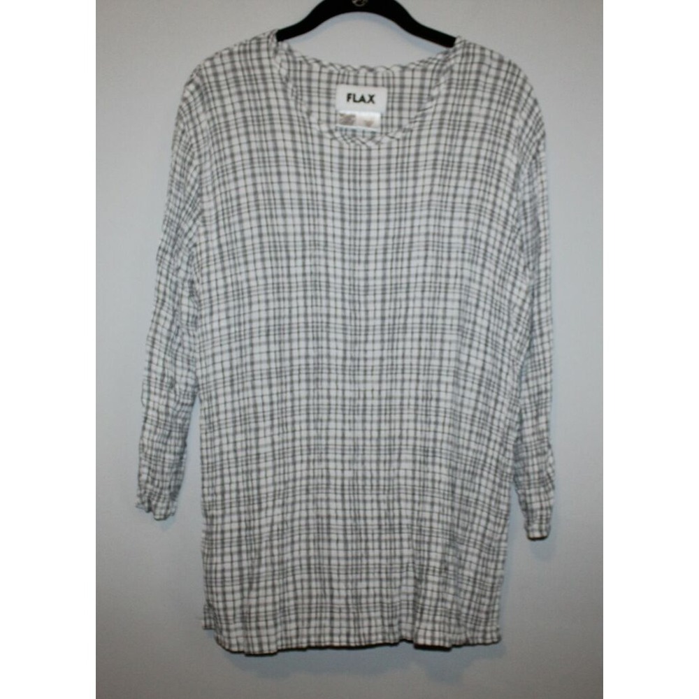 Flax Textured Crinkle Top White Black Plaid Large Minimalist Lightweight Stretch - Picture 3 of 9